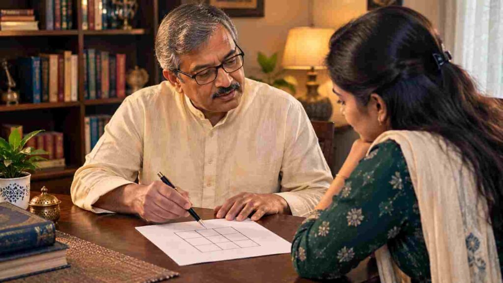 An Indian numerologist explaining a hand-drawn nine-box grid to a client 