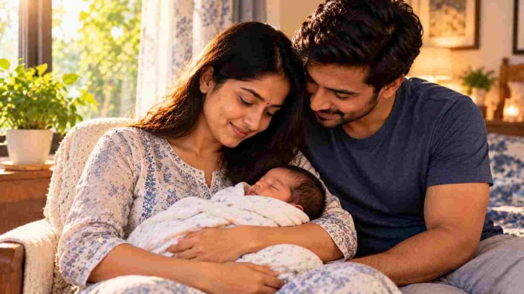 A young Indian mother cradling her newborn while the father leans in, both smiling at the baby 