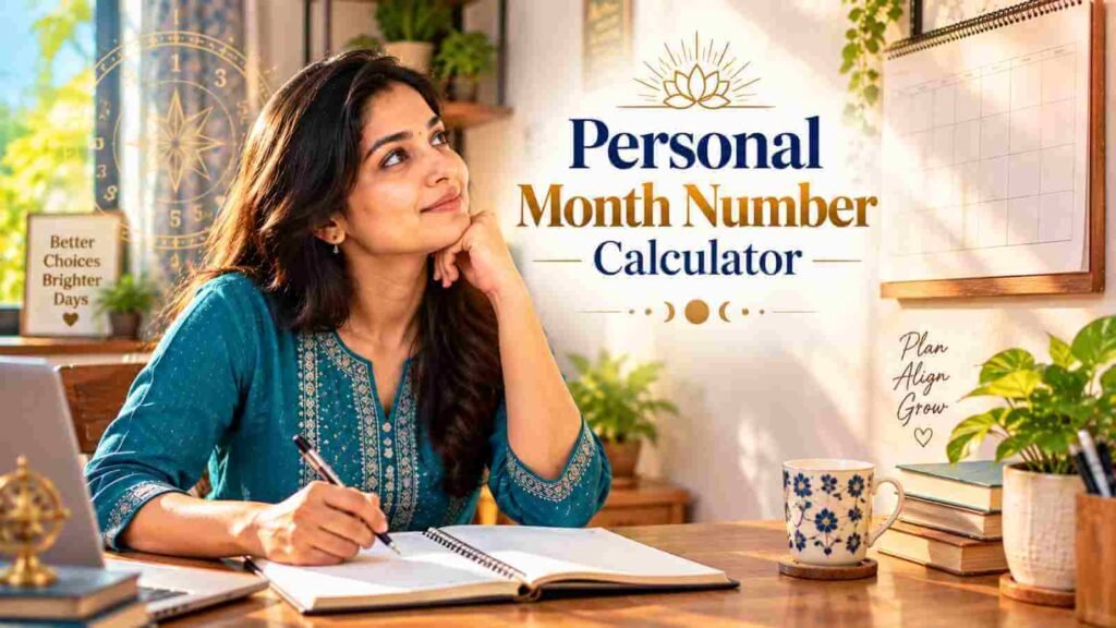 An Indian woman planning her month at a desk with a wall calendar behind her