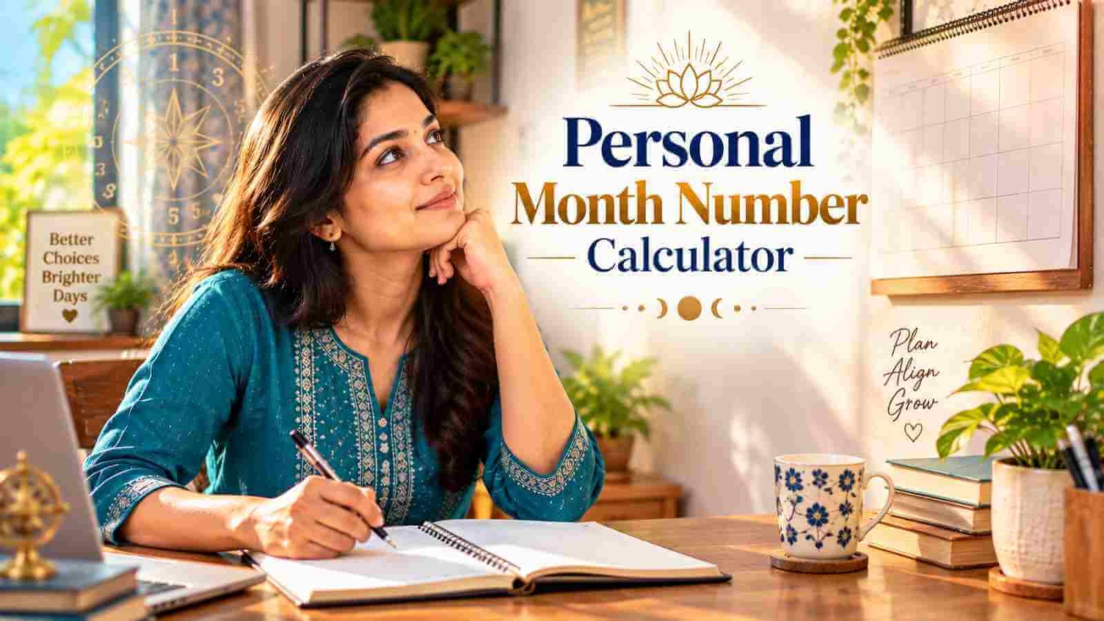 An Indian woman planning her month at a desk with a wall calendar behind her