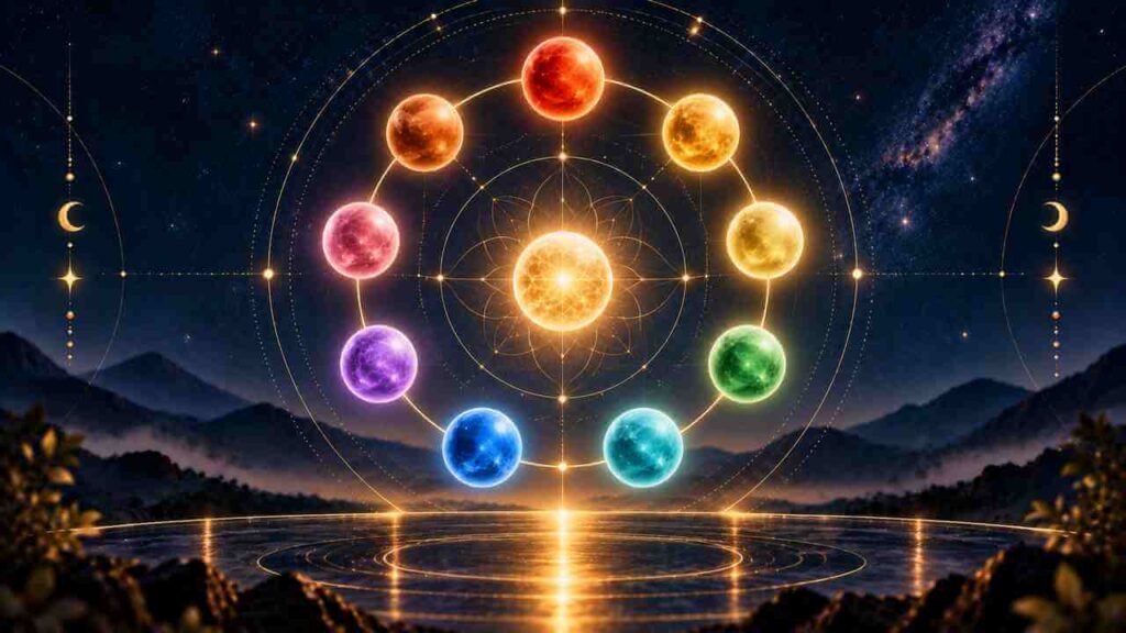 A nine-step cycle of glowing orbs showing the personal year rhythm