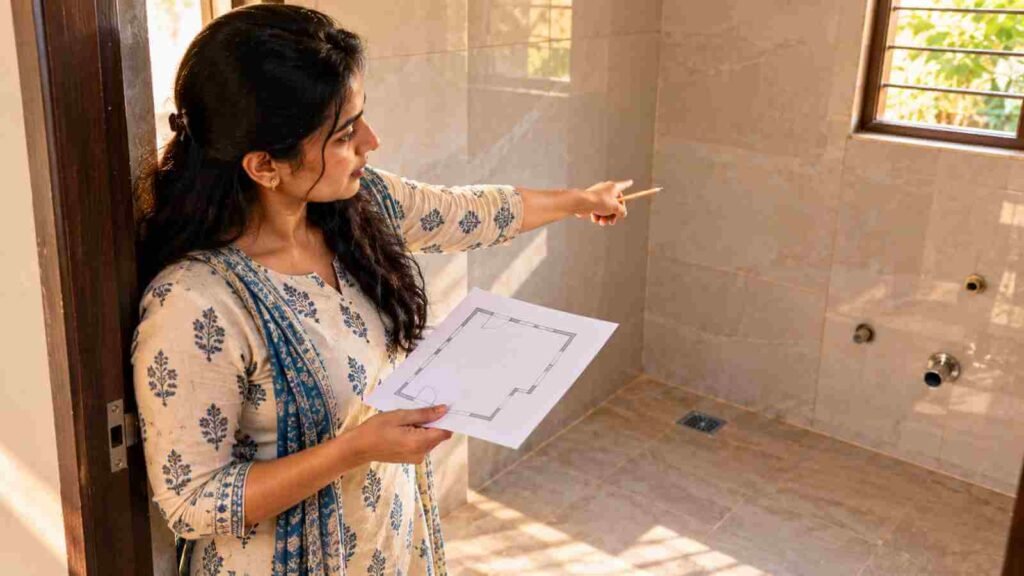 An Indian woman marking where a WC and shower should go on a bathroom floor plan