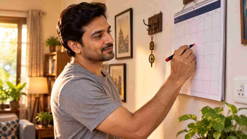 An Indian man marking dates on a wall calendar at home