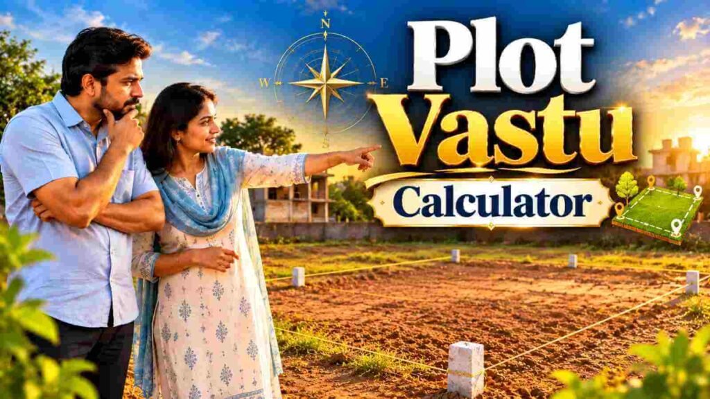 An Indian couple standing on an empty residential plot, looking over the land