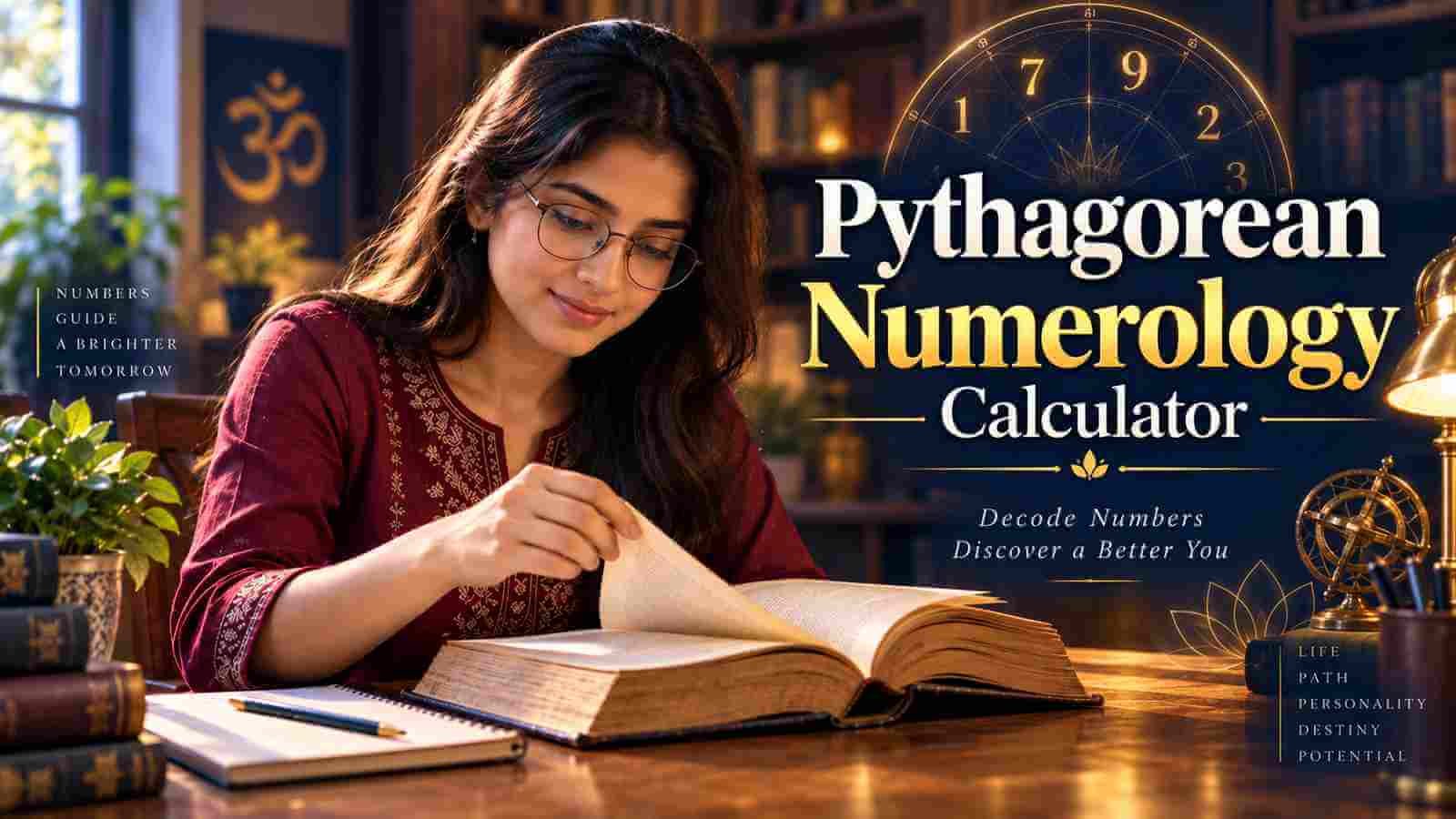 A young Indian woman reading an old book at a library table