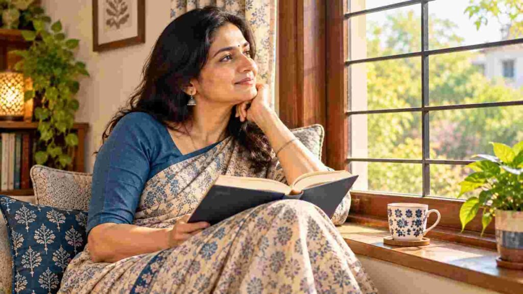 An Indian woman reading quietly by a window on a slow afternoon
