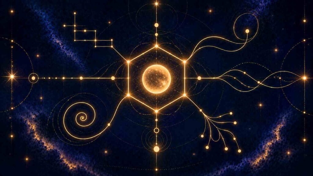 A glowing hexagon holding a single number, surrounded by branching thought lines
