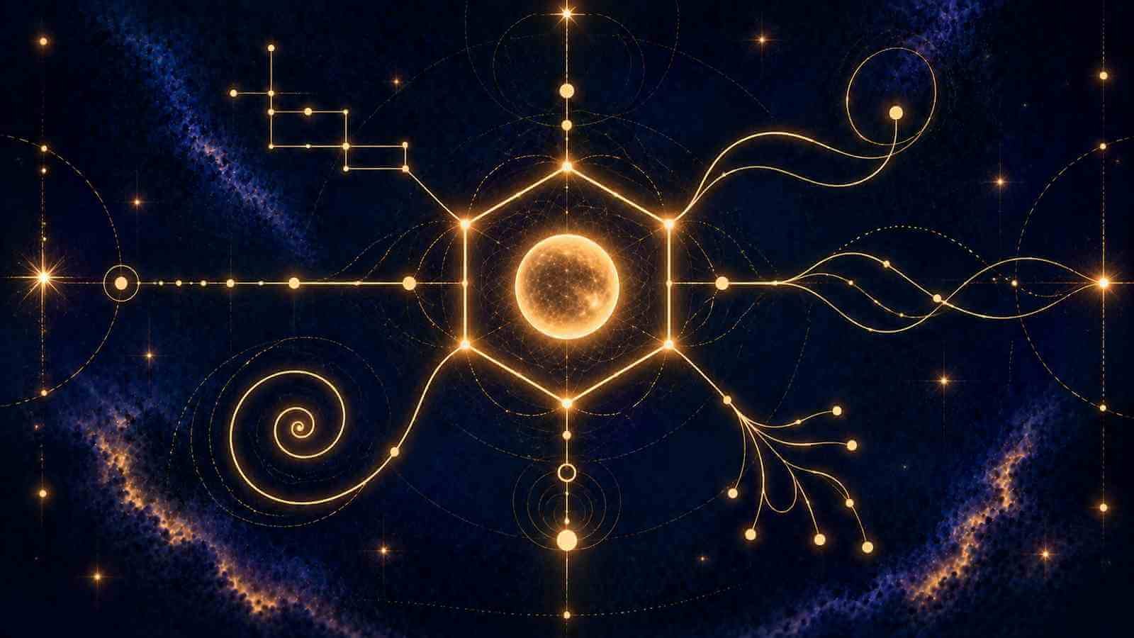 A glowing hexagon holding a single number, surrounded by branching thought lines