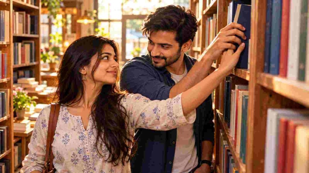 A young Indian man and woman reaching for the same book at the same moment in a bookshop