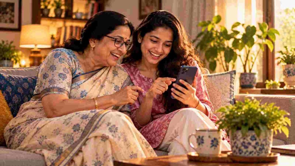 An Indian mother and her grown-up daughter comparing notes about their numbers on a sofa