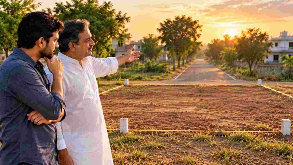An Indian father and son looking down a road that ends at the edge of a plot