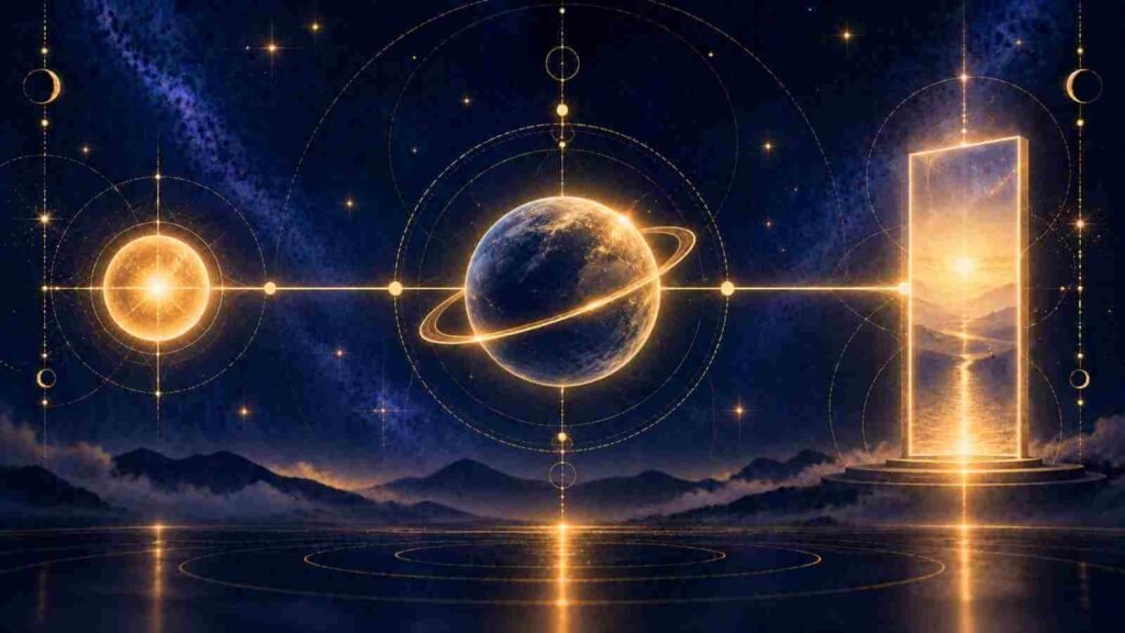 A glowing number connected by light to a planet and then to a day panel