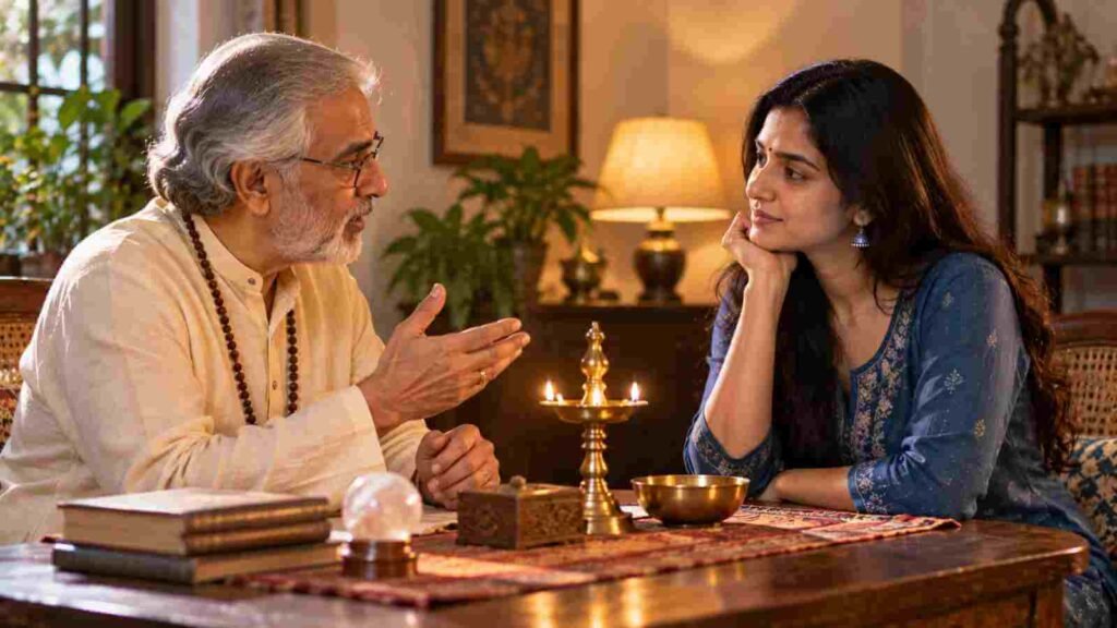  An older Indian man speaking softly to a young woman across a table