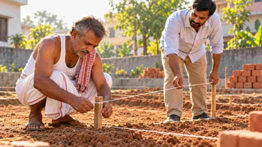 A mason marking out a house foundation with string and pegs while the owner watches 