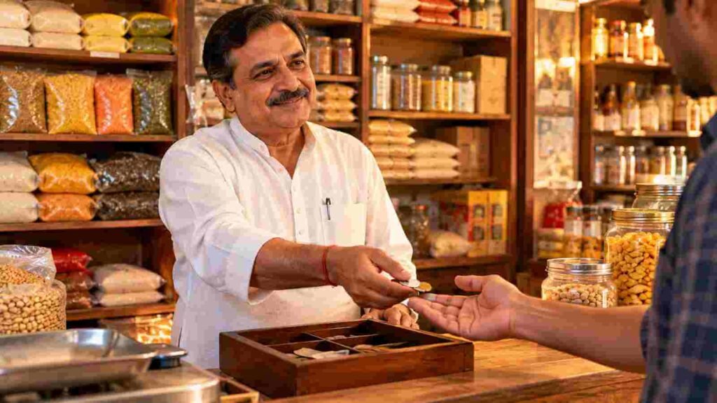 An Indian shopkeeper at his billing counter handing change to a customer 
