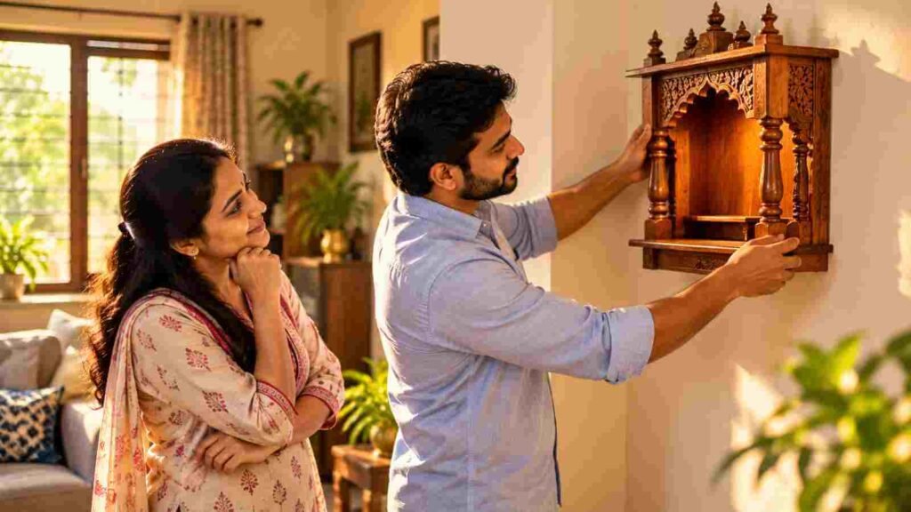 A young Indian couple fixing a small wall-mounted mandir in their apartment