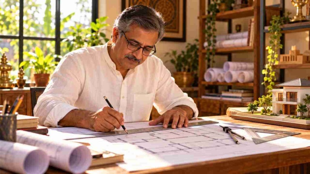 An Indian architect drawing a house plan at a drafting table