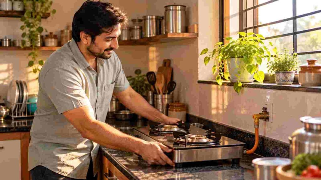 An Indian man installing a gas stove against the east wall of a kitchen corner