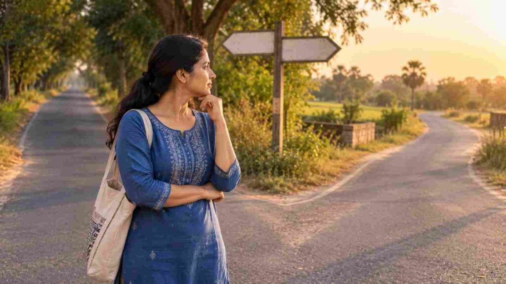 An Indian woman at a crossroads on a quiet road, deciding which way to go