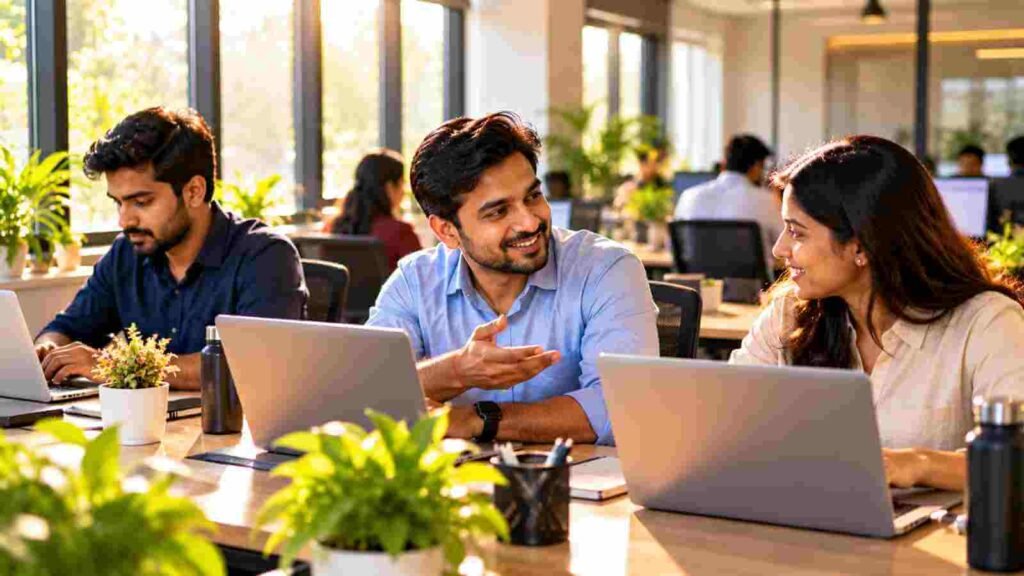 Young Indian office staff working at desks in a bright open office