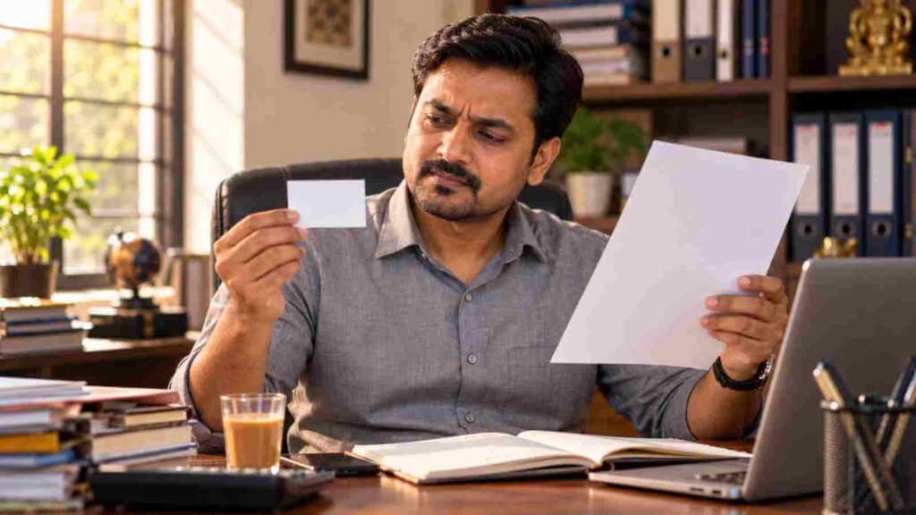 An Indian businessman comparing his visiting card with a registration document