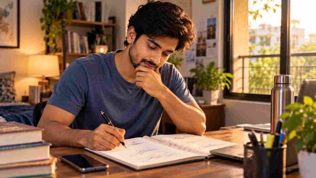 A young Indian man at his desk trying different signatures in a notebook