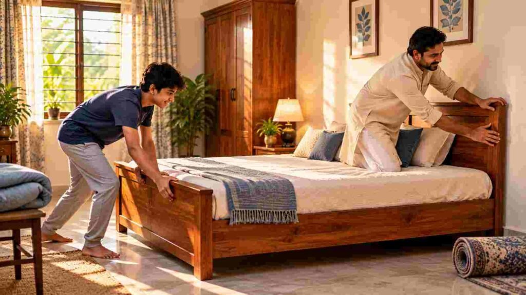 An Indian father and teenage son moving a bed so its headboard rests against a different wall