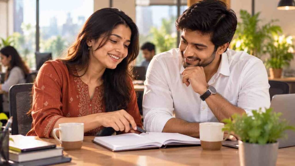 Two young Indian colleagues working side by side at a shared desk 