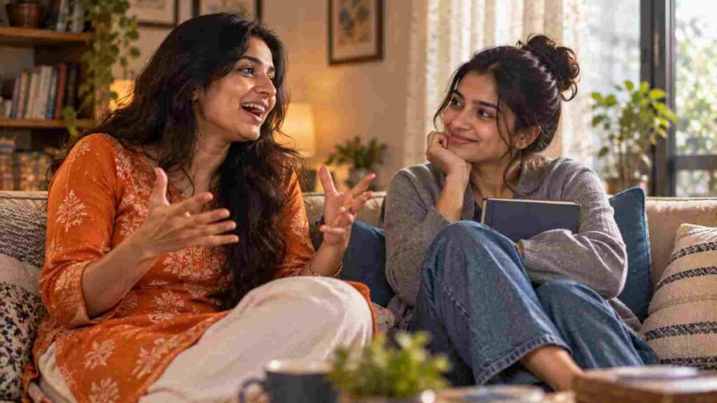 Two Indian sisters with contrasting temperaments sharing a sofa at home 