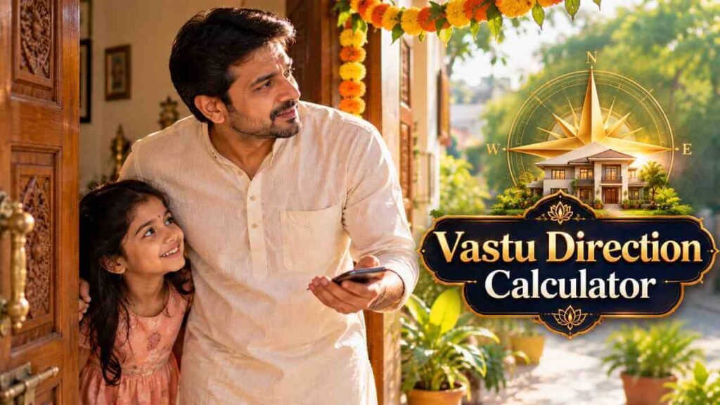 An Indian man at his front door checking the house facing with a phone compass