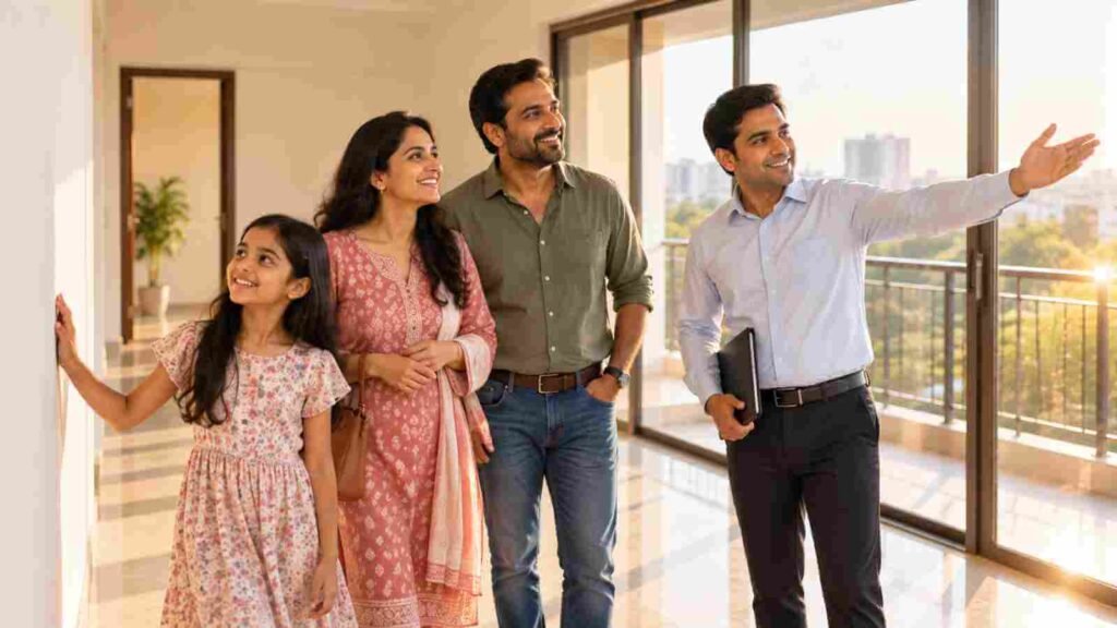 An Indian family looking around an empty flat with a property agent