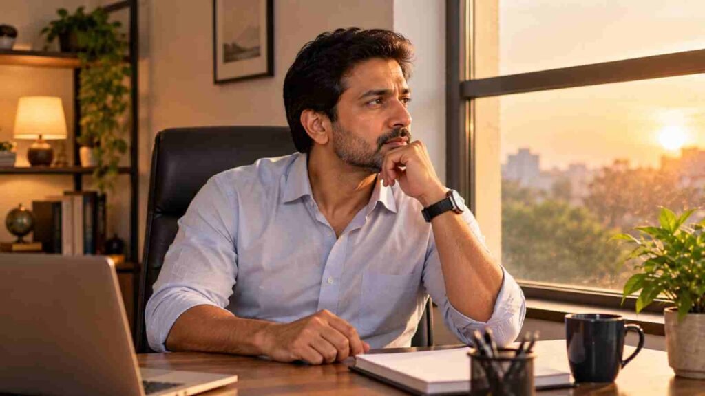 An Indian man pausing at his desk, looking away from his work