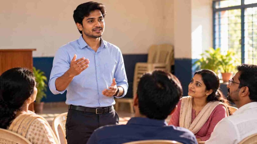 A young Indian man practising speaking in front of a small group