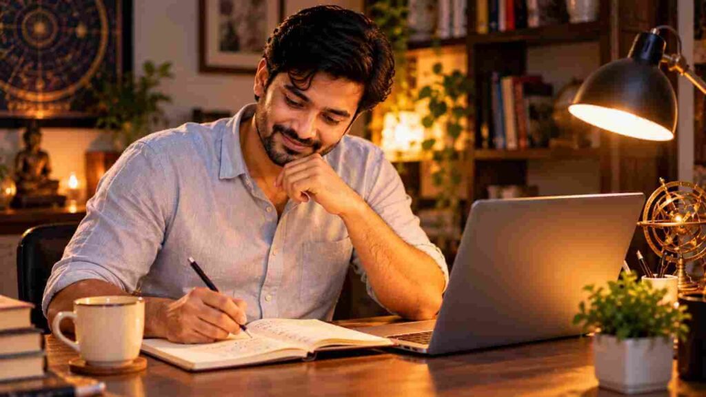 An Indian man working out the numbers of his name in a notebook at his desk